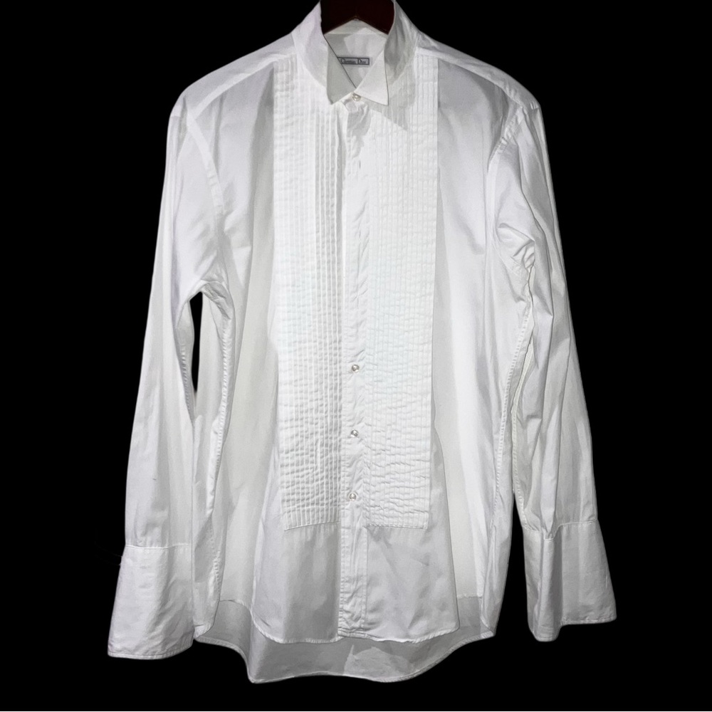 Vintage Christian Dior Monsieur Pleated Tuxedo Shirt White Sz 16/33 French Cuff - Picture 8 of 8